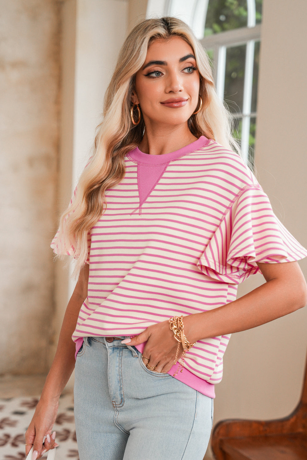 Sachet Pink Striped Ruffle Sleeve Round Neck Top