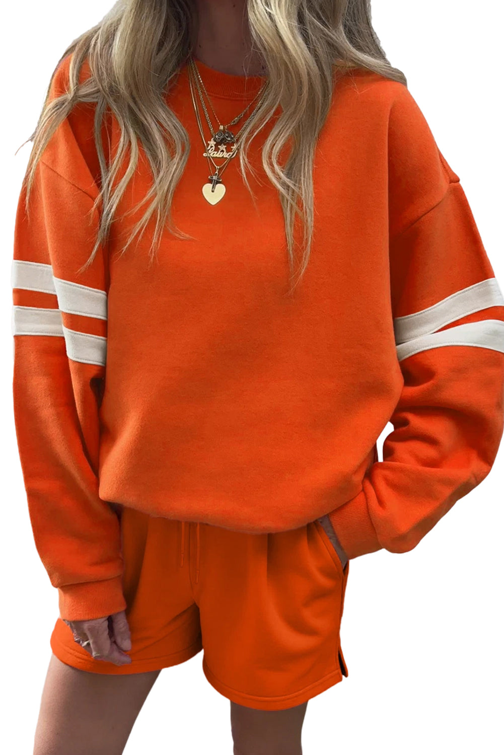 Navy Blue Varsity Striped Sleeve Drop Shoulder Sweatshirt and Shorts Set