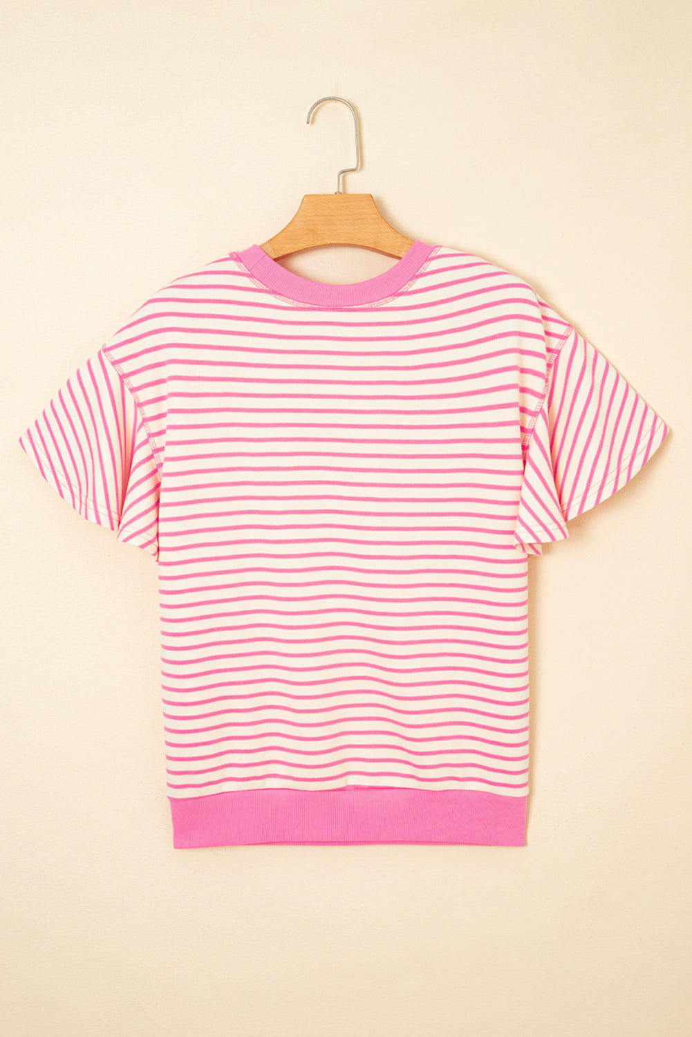 Sachet Pink Striped Ruffle Sleeve Round Neck Top