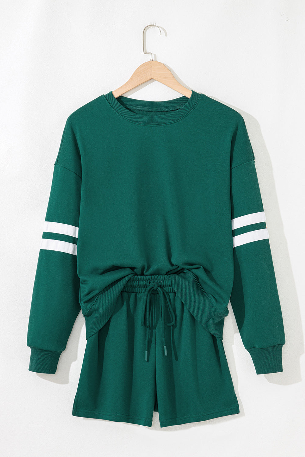 Navy Blue Varsity Striped Sleeve Drop Shoulder Sweatshirt and Shorts Set