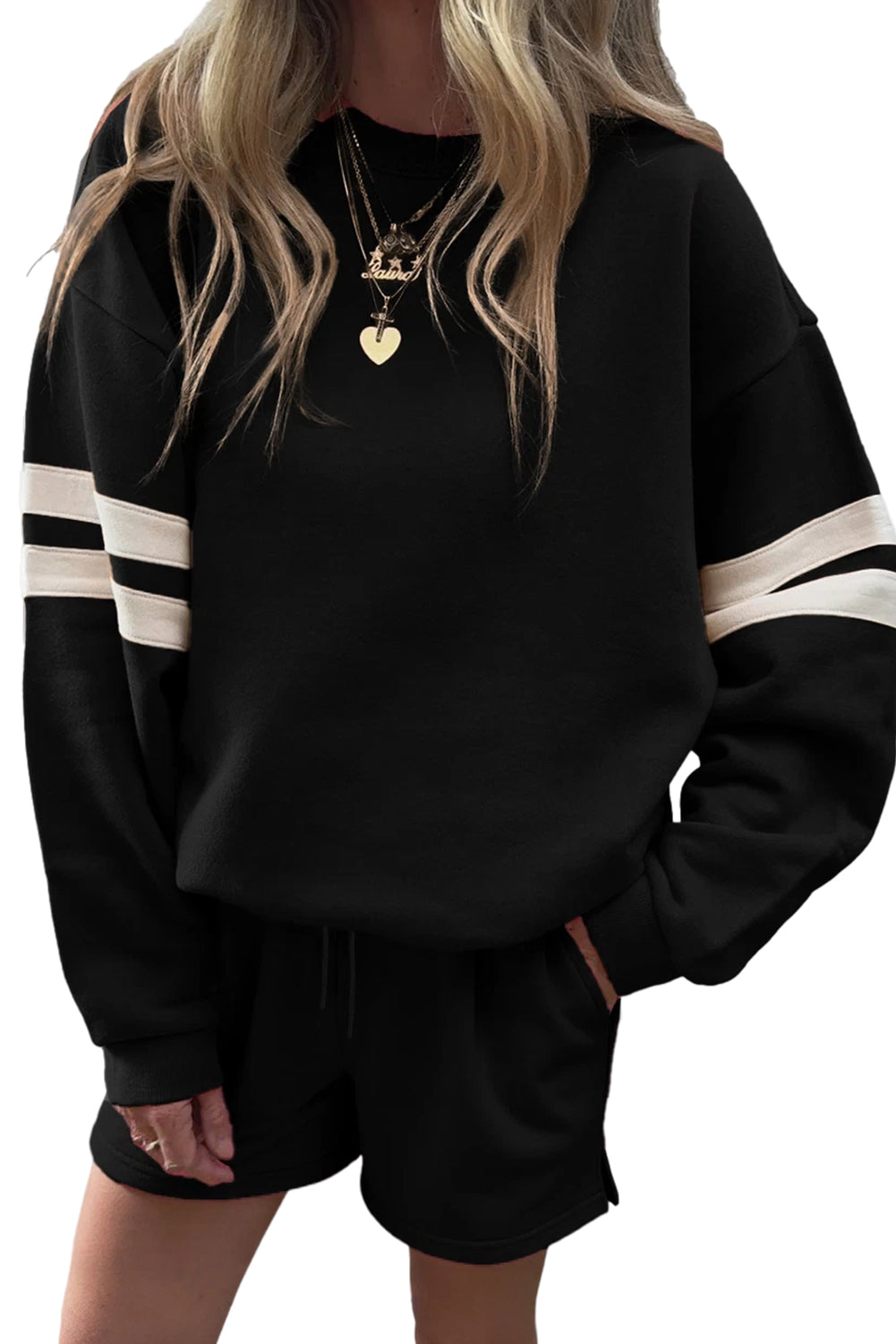 Navy Blue Varsity Striped Sleeve Drop Shoulder Sweatshirt and Shorts Set